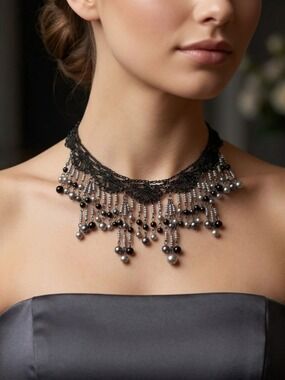 Handmade knit and bead fringe necklace in Grey Black tones